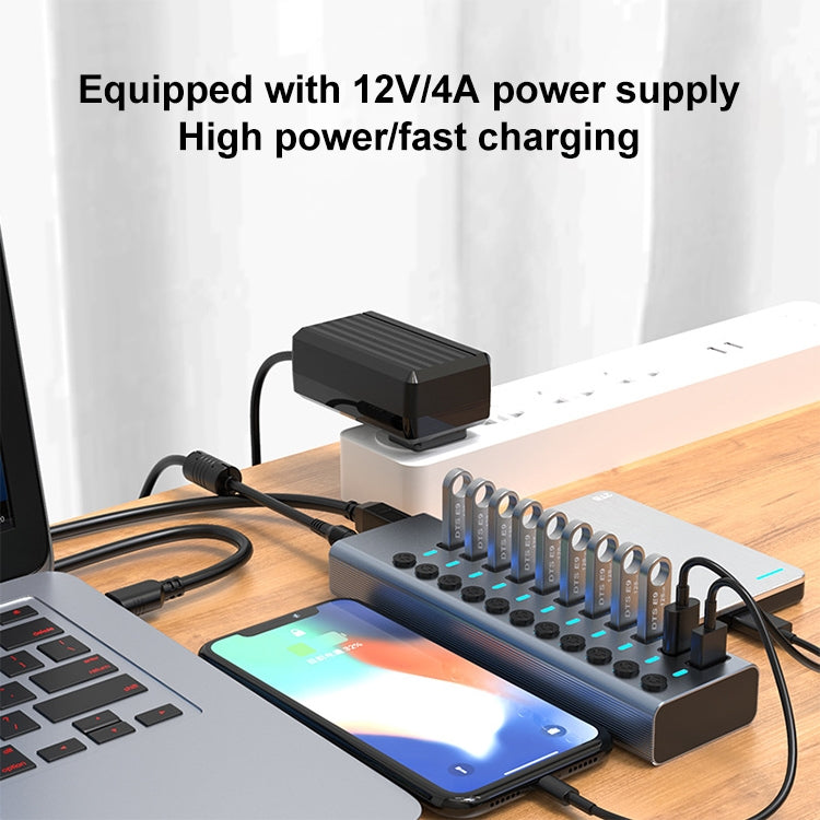 Divisor HUB USB 3.0 11 en 1 con interruptor independiente y fuente de alimentación de 12 V 4 A, 11 USB 3.0