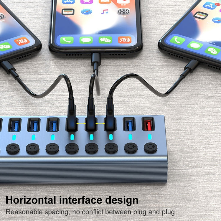 Divisor HUB USB 3.0 11 en 1 con interruptor independiente y fuente de alimentación de 12 V 4 A, 11 USB 3.0