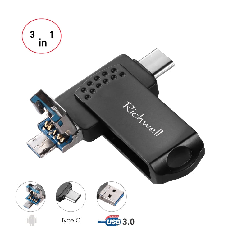 Richwell 3 en 1 16G Type-C + Micro USB + USB 3.0 Disco flash de metal con función OTG
