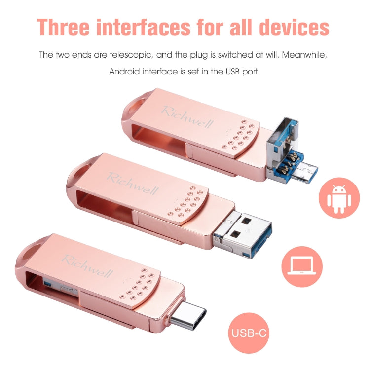 Richwell 3 en 1 32G Type-C + Micro USB + USB 3.0 Disco flash de metal con función OTG