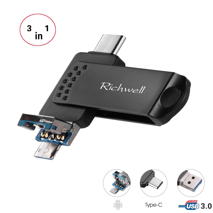 Richwell 3 en 1 128G Type-C + Micro USB + USB 3.0 Disco flash de metal con función OTG
