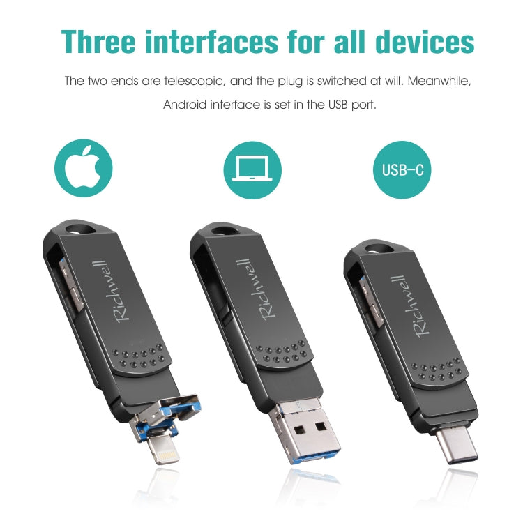 Richwell 64G Type-C + 8 Pin + USB 3.0 Disco flash de metal con función OTG