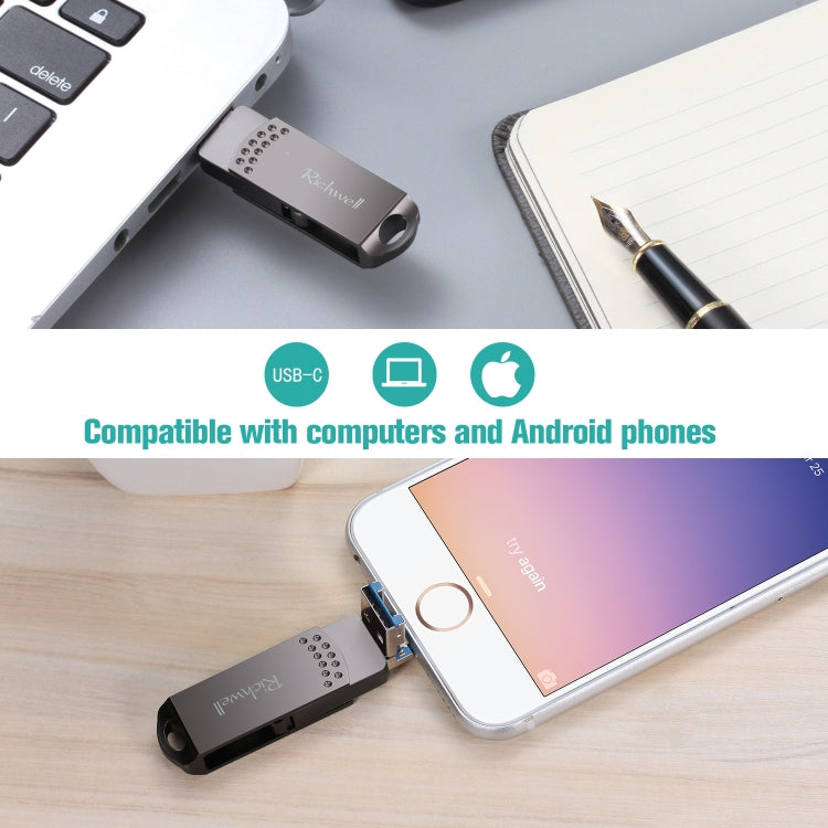 Richwell 64G Type-C + 8 Pin + USB 3.0 Disco flash de metal con función OTG