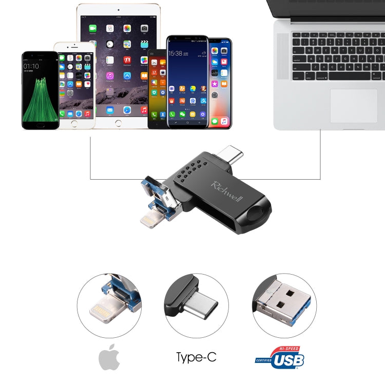 Richwell 128G Type-C + 8 Pin + USB 3.0 Disco flash de metal con función OTG