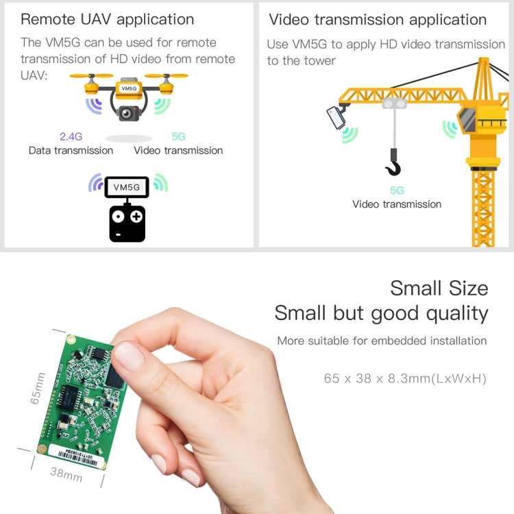 Módulo WiFi de doble banda VM5G 1200Mbps 2,4GHz y 5GHz con 4 antenas, compatible con transmisión transparente de capa IP/capa MAC, aplicado a repetidor/puente y AP y transmisión de video remota