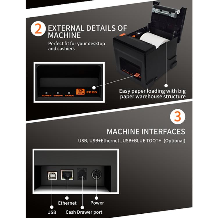 Impresora térmica de recibos de 80 mm con cortador automático y interfaz USB y LAN ZJ-8360 II, ZJ-8360 II USB and LAN