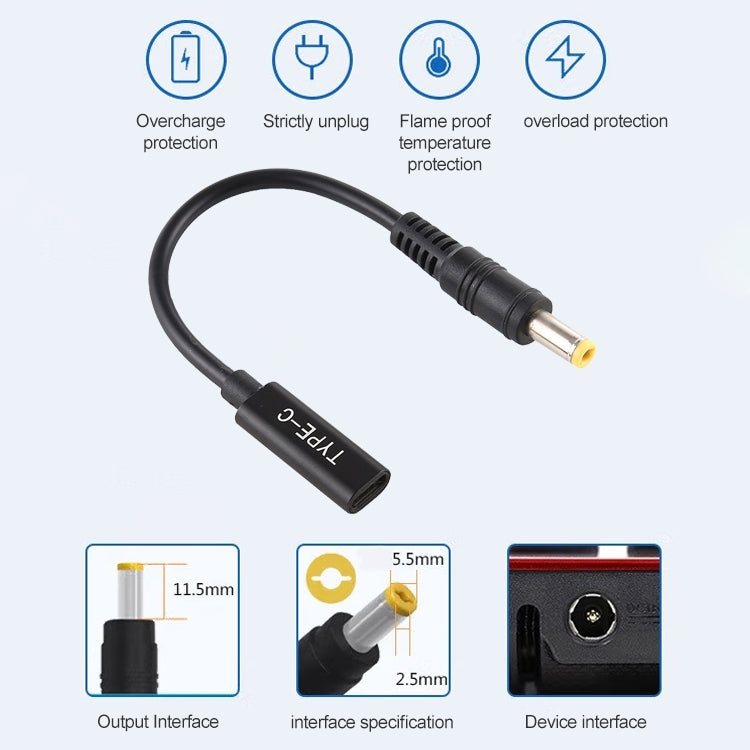 Cable cargador adaptador de corriente DP USB-C / Type-C a 5,5 x 2,5 mm, 5.5 x 2.5mm