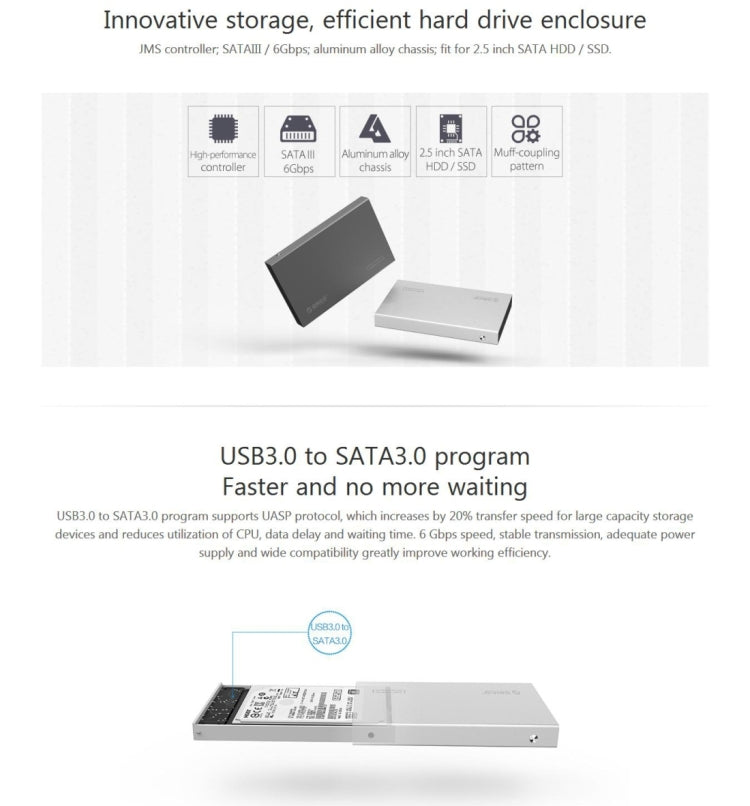 ORICO 2518S3 USB3.0 Caja de almacenamiento de disco duro externo para 7 mm y 9,5 mm 2,5 pulgadas SATA HDD / SSD