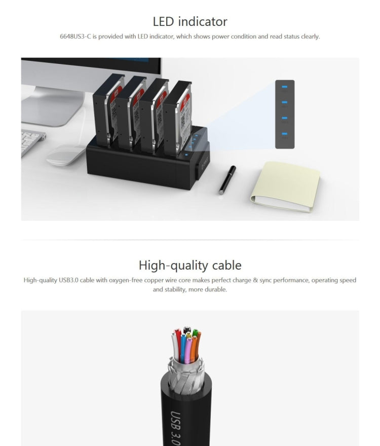 ORICO 6648US3-C-V1 Caja de disco duro externo USB 3.0 tipo B a SATA de 4 bahías Estuche de almacenamiento Estación de acoplamiento de disco duro / Duplicador para HDD / SSD SATA de 2,5 pulgadas / 3,5 pulgadas, 4 Bays