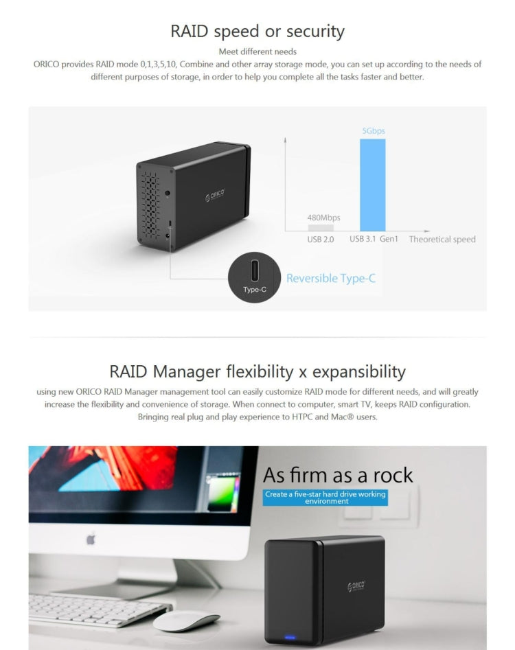 ORICO NS200-C3 Caja de disco duro externo USB-C / Type-C 3.1 a SATA de 2 bahías Estuche de almacenamiento Base para disco duro para HDD SATA de 3,5 pulgadas, compatible con protocolo UASP, USB 3.1 Type-C to SATA