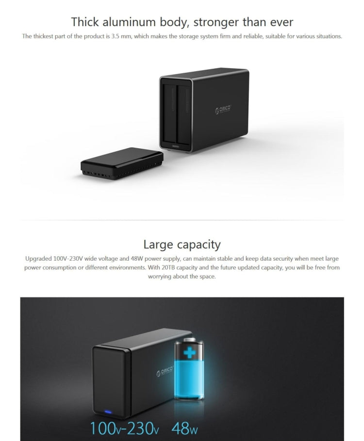 ORICO NS200-C3 Caja de disco duro externo USB-C / Type-C 3.1 a SATA de 2 bahías Estuche de almacenamiento Base para disco duro para HDD SATA de 3,5 pulgadas, compatible con protocolo UASP, USB 3.1 Type-C to SATA