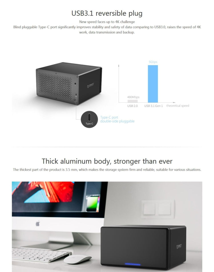 ORICO NS800-C3 Caja de disco duro externo USB-C / Type-C 3.1 a SATA de 8 bahías Estuche de almacenamiento Base para disco duro para HDD SATA de 3,5 pulgadas, compatible con protocolo UASP, USB 3.1 Type-C