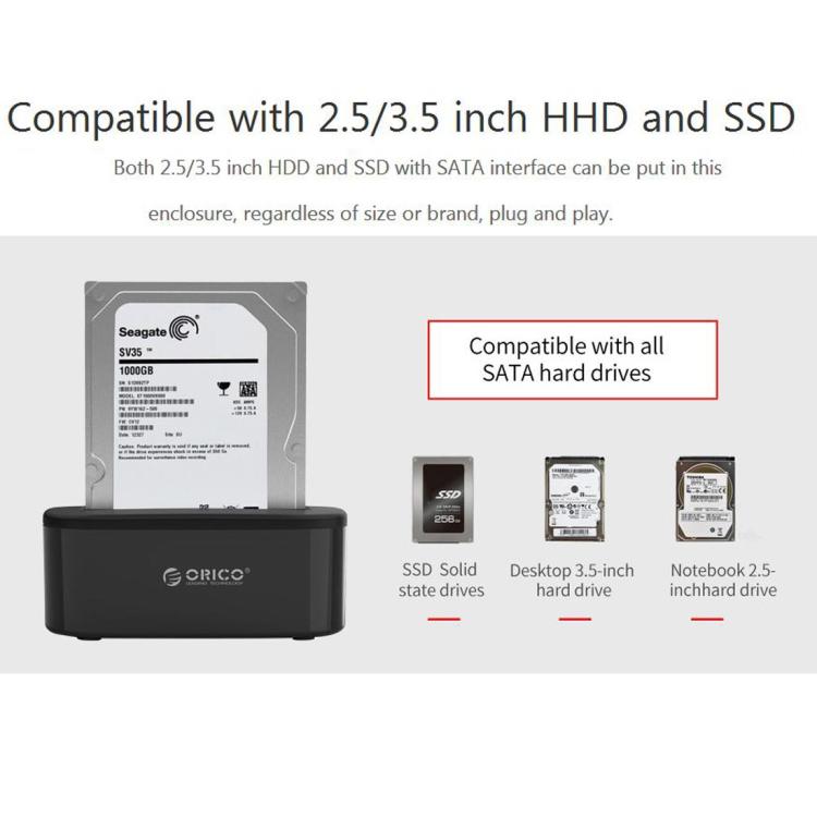 ORICO 6218US3 USB 3.0 tipo B a SATA base de disco duro de almacenamiento externo para HDD/SSD SATA de 2,5 pulgadas/3,5 pulgadas, 1 Bay