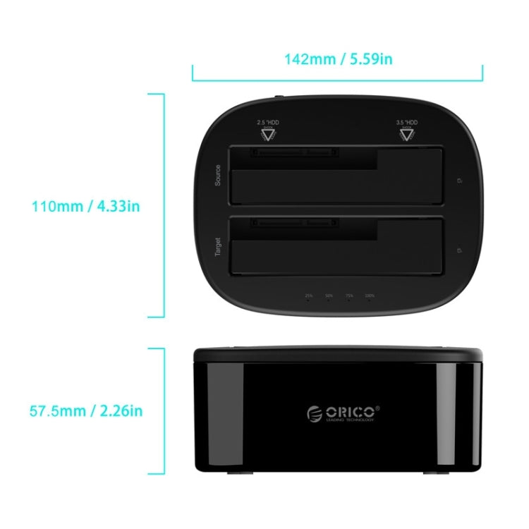 ORICO 6228US3-C 1 a 1 clon 2 bahías USB 3,0 tipo B a SATA base para disco duro de almacenamiento externo para HDD/SSD SATA de 2,5 pulgadas/3,5 pulgadas, 1 to 1 Clone 2 Bays with Copy