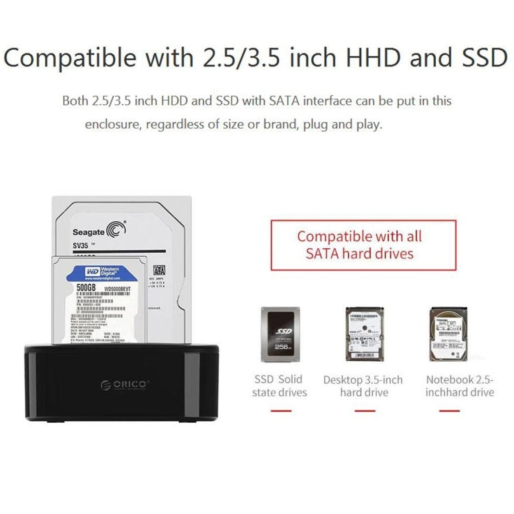 ORICO 6228US3-C 1 a 1 clon 2 bahías USB 3,0 tipo B a SATA base para disco duro de almacenamiento externo para HDD/SSD SATA de 2,5 pulgadas/3,5 pulgadas, 1 to 1 Clone 2 Bays with Copy