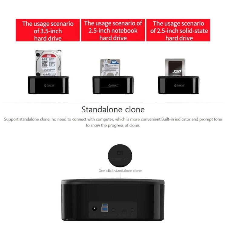 ORICO 6228US3-C 1 a 1 clon 2 bahías USB 3,0 tipo B a SATA base para disco duro de almacenamiento externo para HDD/SSD SATA de 2,5 pulgadas/3,5 pulgadas, 1 to 1 Clone 2 Bays with Copy