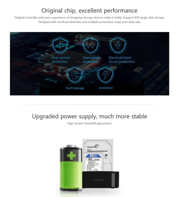 ORICO 6228US3-C 1 a 1 clon 2 bahías USB 3,0 tipo B a SATA base para disco duro de almacenamiento externo para HDD/SSD SATA de 2,5 pulgadas/3,5 pulgadas, 1 to 1 Clone 2 Bays with Copy