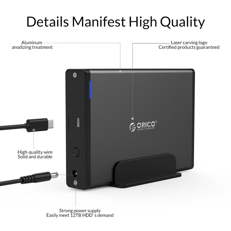 ORICO 7688C3 Caja de disco duro móvil USB-C / Type-C de 8 TB de 3,5 pulgadas con base desmontable, longitud del cable: 1 m