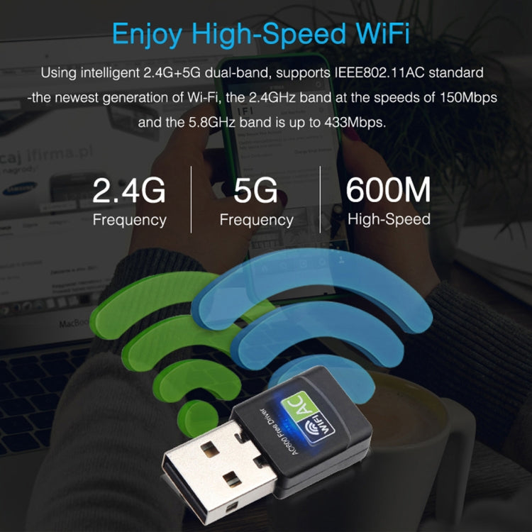 AC600Mbps 2,4 GHz y 5 GHz de banda dual USB 2.0 WiFi adaptador de unidad gratuita tarjeta de red externa, AC600Mbps
