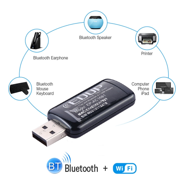 EDUP EP-AC1681 2 en 1 AC1200Mbps 2,4 GHz y 5,8 GHz adaptador WiFi USB de doble banda tarjeta de red externa con función Bluetooth 4,1, EP-AC1681