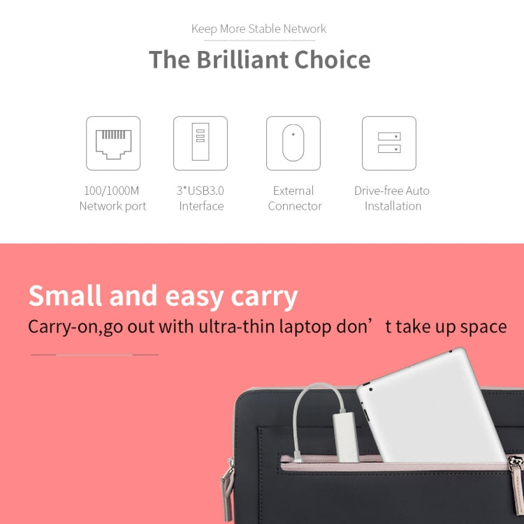 Carcasa de aluminio 3 puertos USB3.0 HUB + adaptador USB-C / Type-C Gigabit Ethernet, USB Type-C 1000Mbps