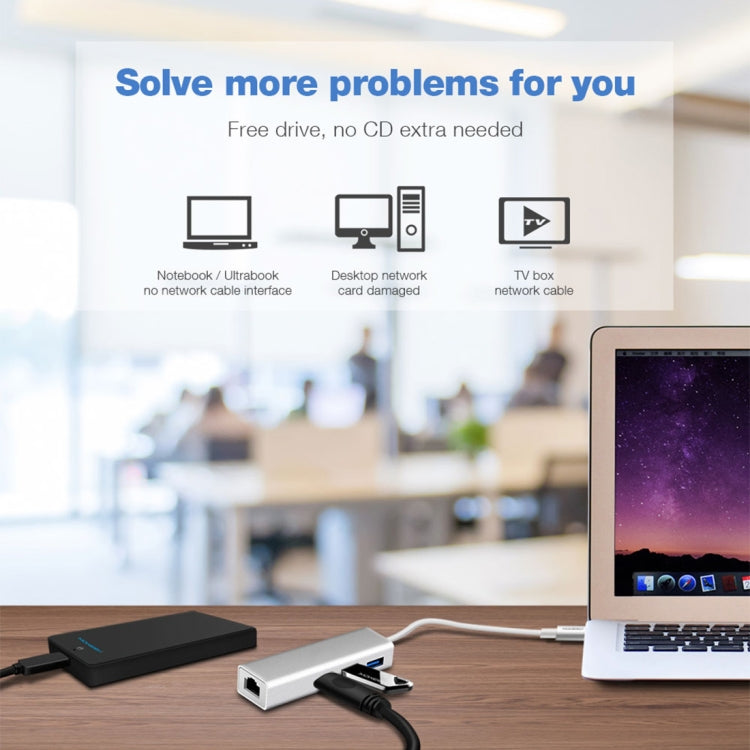 Carcasa de aluminio 3 puertos USB3.0 HUB + adaptador USB-C / Type-C Gigabit Ethernet, USB Type-C 1000Mbps