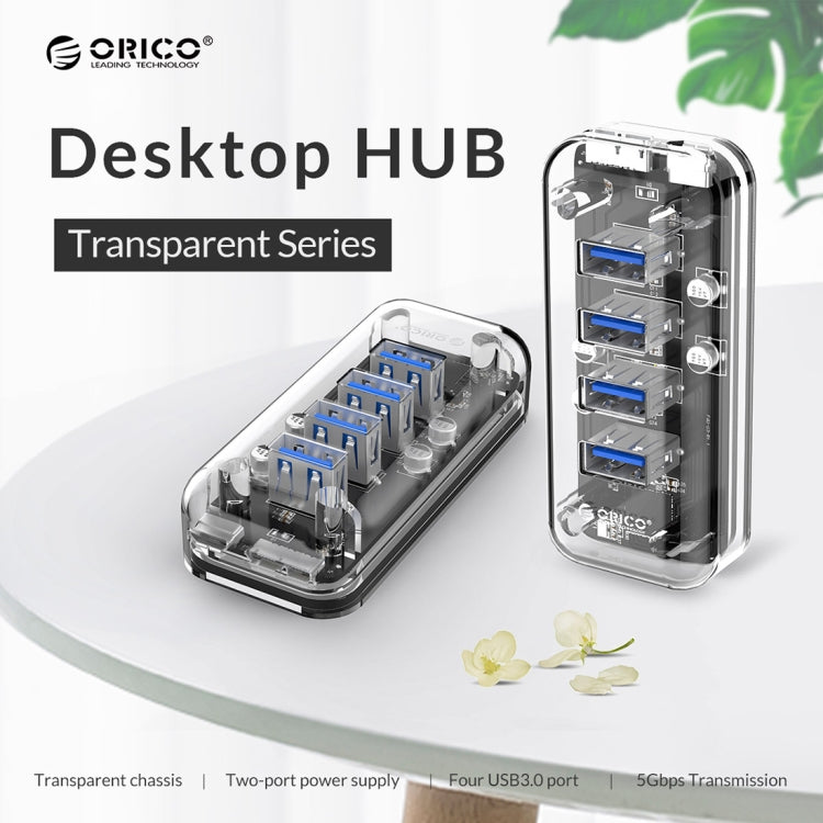 ORICO F4U 4 x puertos USB 3.0 HUB de escritorio de transmisión rápida de 5 Gbps con luz indicadora LED azul, 4 Ports