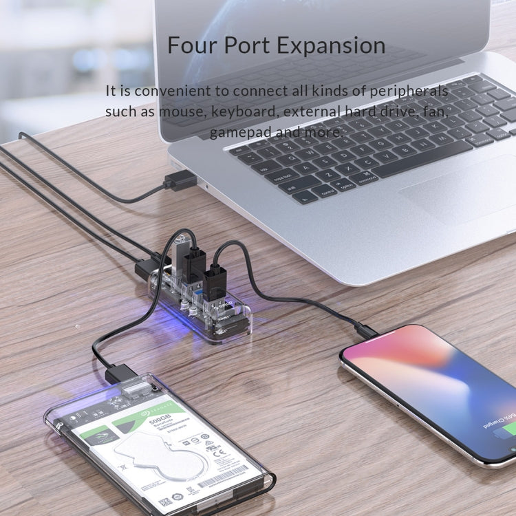 ORICO F4U 4 x puertos USB 3.0 HUB de escritorio de transmisión rápida de 5 Gbps con luz indicadora LED azul, 4 Ports