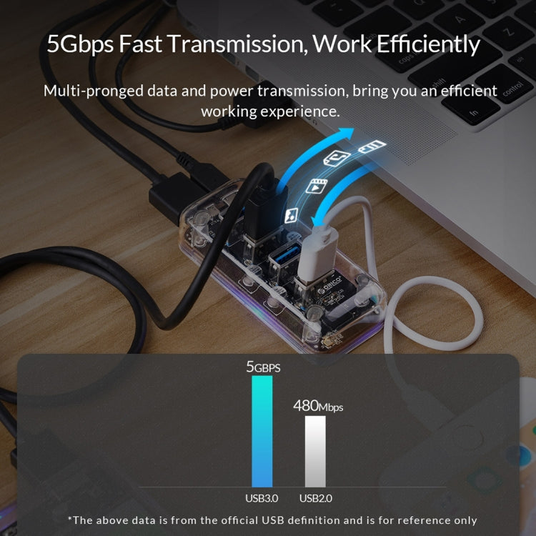 ORICO F4U 4 x puertos USB 3.0 HUB de escritorio de transmisión rápida de 5 Gbps con luz indicadora LED azul, 4 Ports
