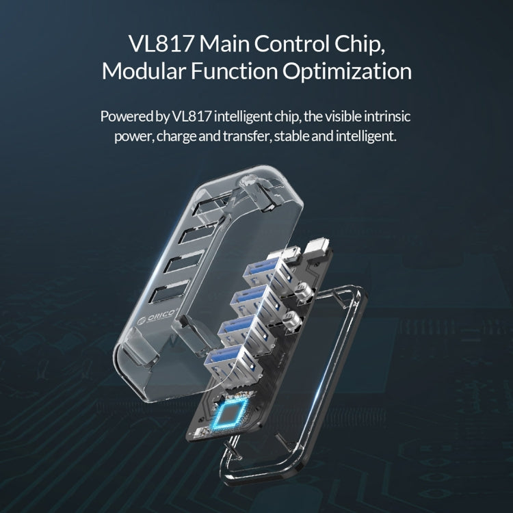 ORICO F4U 4 x puertos USB 3.0 HUB de escritorio de transmisión rápida de 5 Gbps con luz indicadora LED azul, 4 Ports