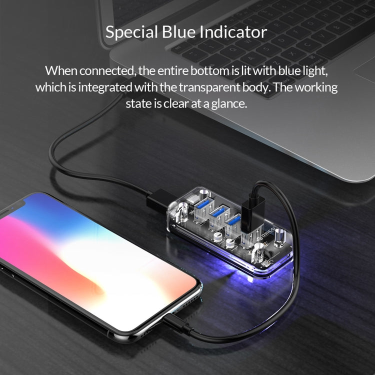ORICO F4U 4 x puertos USB 3.0 HUB de escritorio de transmisión rápida de 5 Gbps con luz indicadora LED azul, 4 Ports