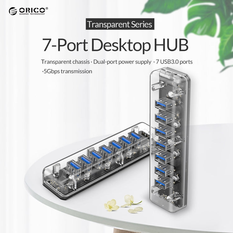 ORICO F7U 7 x USB 3.0 puertos 5Gbps HUB de escritorio de transmisión rápida con luz indicadora LED azul, 7 Ports