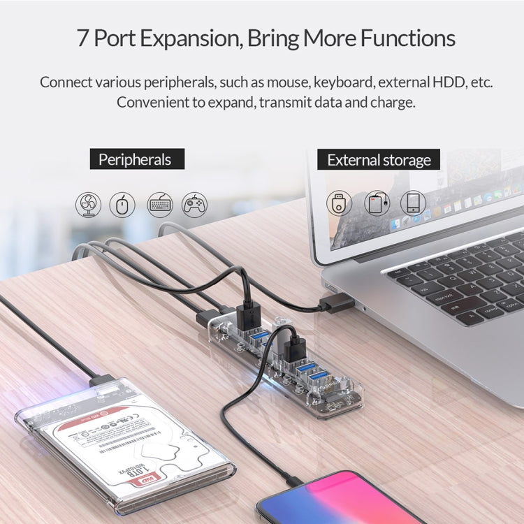 ORICO F7U 7 x USB 3.0 puertos 5Gbps HUB de escritorio de transmisión rápida con luz indicadora LED azul, 7 Ports