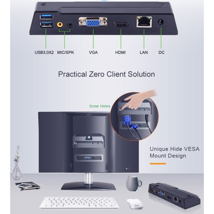Mini PC Zero Client R1, CORTEX QUAD A9 Quad Core hasta 1,6 GHz, RAM: 1 GB, ROM: 8 GB, compatible con HDMI, VGA, RJ45, SPK, Wired Version