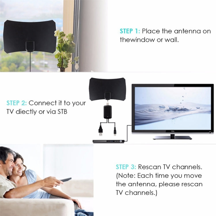 Antena HDTV digital interior de alta ganancia de 25 dBi de alcance de 50 millas con cable coaxial de 3 m, 50 Miles 25dBi Black