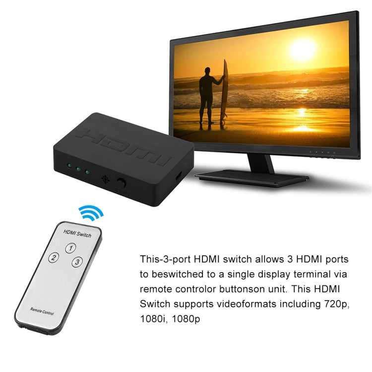 1080P 3 x 1 puertos (3 puertos de entrada x 1 puerto de salida) Conmutador HDMI con control remoto, 3 Inputs to 1 output