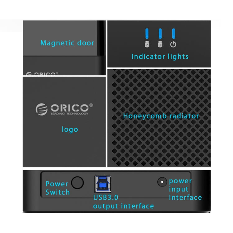 ORICO DS200U3 Caja de disco duro USB 3.0 de tipo magnético con 2 bahías de 3,5 pulgadas y indicador LED azul, USB 3.0