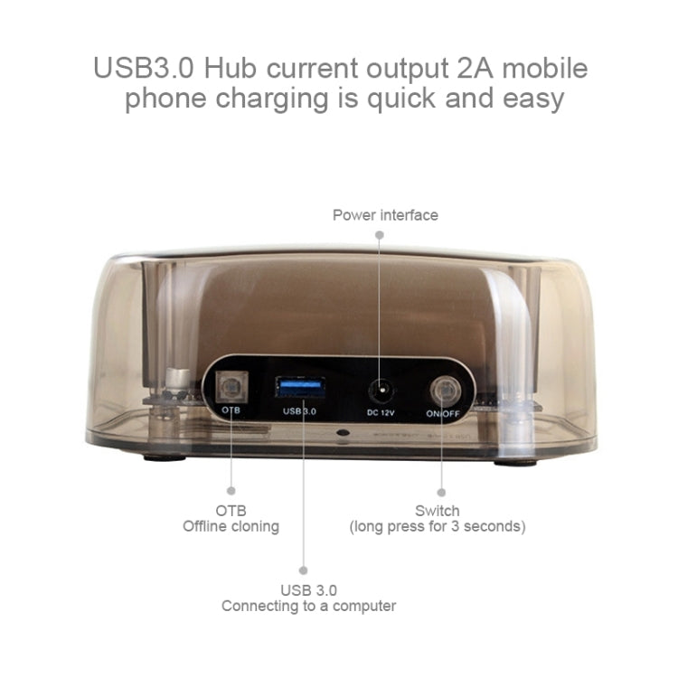 Caja de disco duro SATA dual USB3.0 de 2,5/3,5 pulgadas con función HUB y OTB, capacidad máxima de soporte: 16 TB