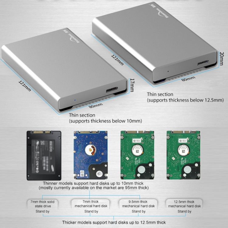 Caja HDD con interfaz Micro B Blueendless U23Q SATA de 2,5 pulgadas con cable USB-C / Type-C a USB 3.0, grosor de soporte: 1 cm o menos, USB 3.0  (1cm)
