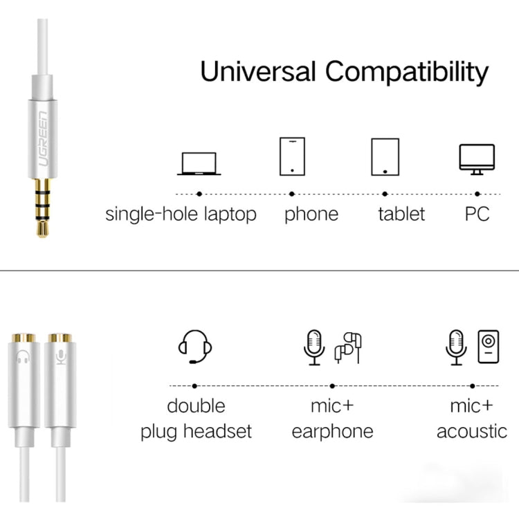 Ugreen-Cable adaptador de conector de Audio macho de 3,5mm a 2x3,5mm hembra, micrófono 2 en 1 + convertidor de Cable divisor de auriculares, Silver