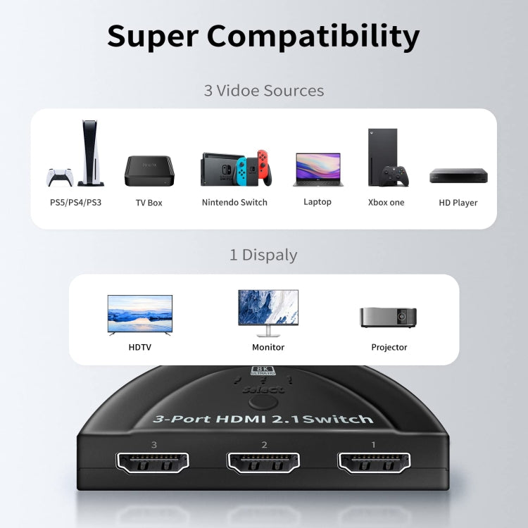 Caja selectora de conmutador HDMI 8K de 3 puertos con cable flexible