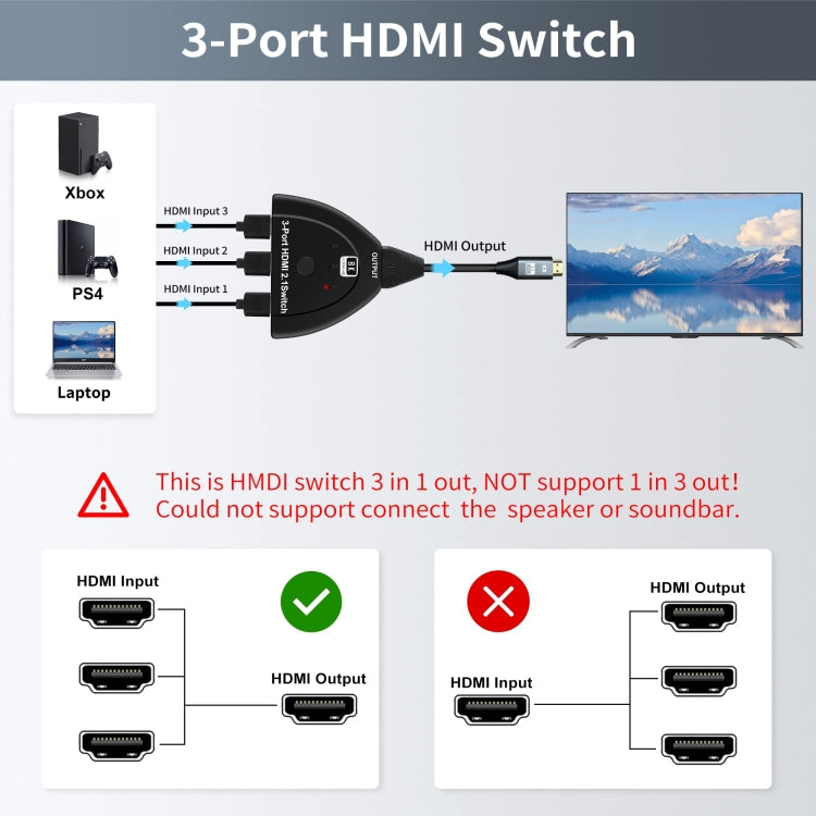 Caja selectora de conmutador HDMI 8K de 3 puertos con cable flexible