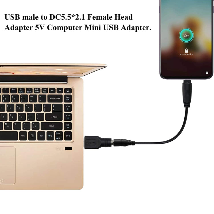 Conector adaptador de enchufe USB macho a hembra de 5,5 x 2,1 mm, USB Male to 5.5 x 2.1mm