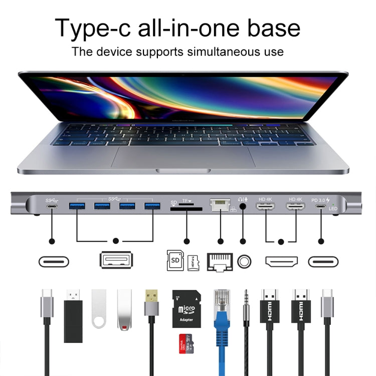 9199 12 en 1 USB-C / Type-C a USB-C / Type-C + Ranura para tarjeta TF / SD + RJ45 + Audio de 3,5 mm + Carga PD USB-C / Type-C + 2 HDMI + 4 puertos USB 3.0 MultifuncionalEstación de acoplamiento del convertidor HUB, 9199