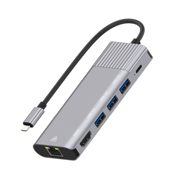 79591 6 en 1 8 pines a RJ45 + HDMI + carga de 8 pines + 3 puertos USB 2.0 estación de acoplamiento convertidor HUB multifuncional, 79591