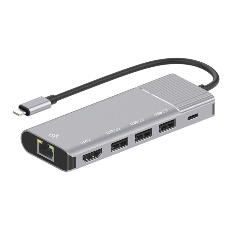 79591 6 en 1 8 pines a RJ45 + HDMI + carga de 8 pines + 3 puertos USB 2.0 estación de acoplamiento convertidor HUB multifuncional, 79591