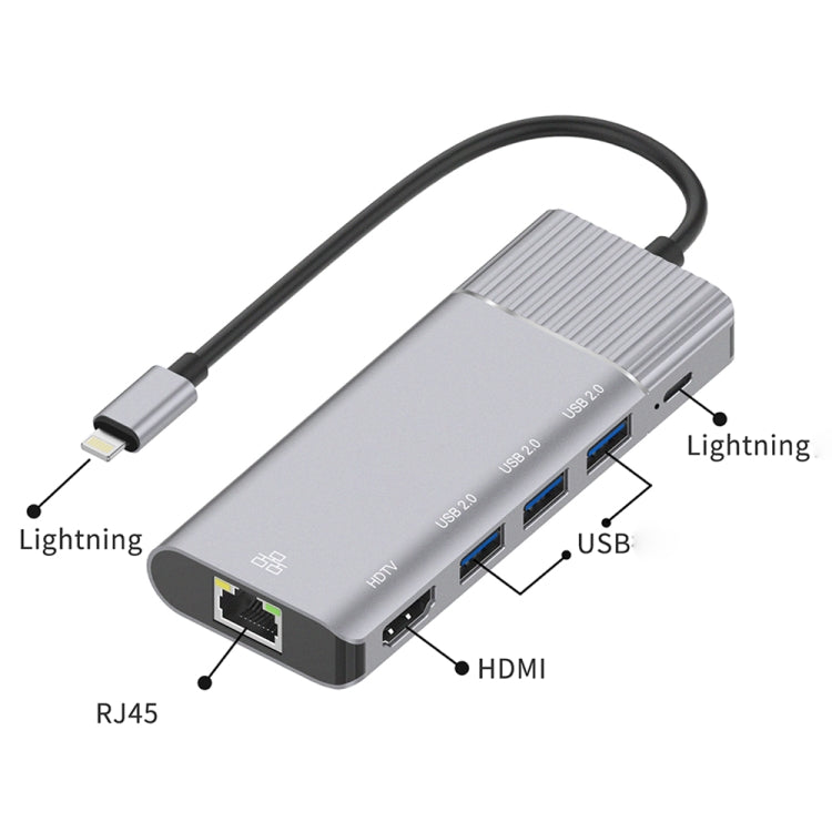 79591 6 en 1 8 pines a RJ45 + HDMI + carga de 8 pines + 3 puertos USB 2.0 estación de acoplamiento convertidor HUB multifuncional, 79591
