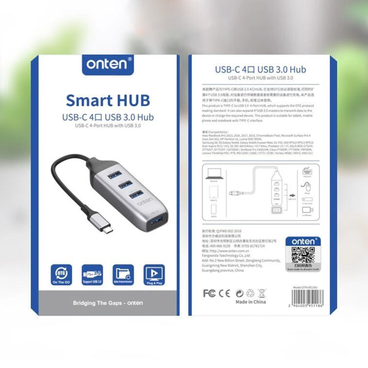 Onten 95118U 4 en 1 USB-C / Type-C a 4 puertos USB 3.0 Estación de acoplamiento convertidor HUB multifuncional, 95118U