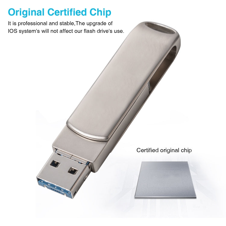 Richwell 3 en 1 32G Micro USB + 8 pines + USB 3.0 Disco flash push-pull giratorio de metal con función OTG, 32G