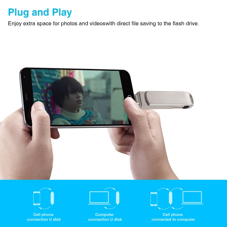 Richwell 3 en 1 32G Micro USB + 8 pines + USB 3.0 Disco flash push-pull giratorio de metal con función OTG, 32G